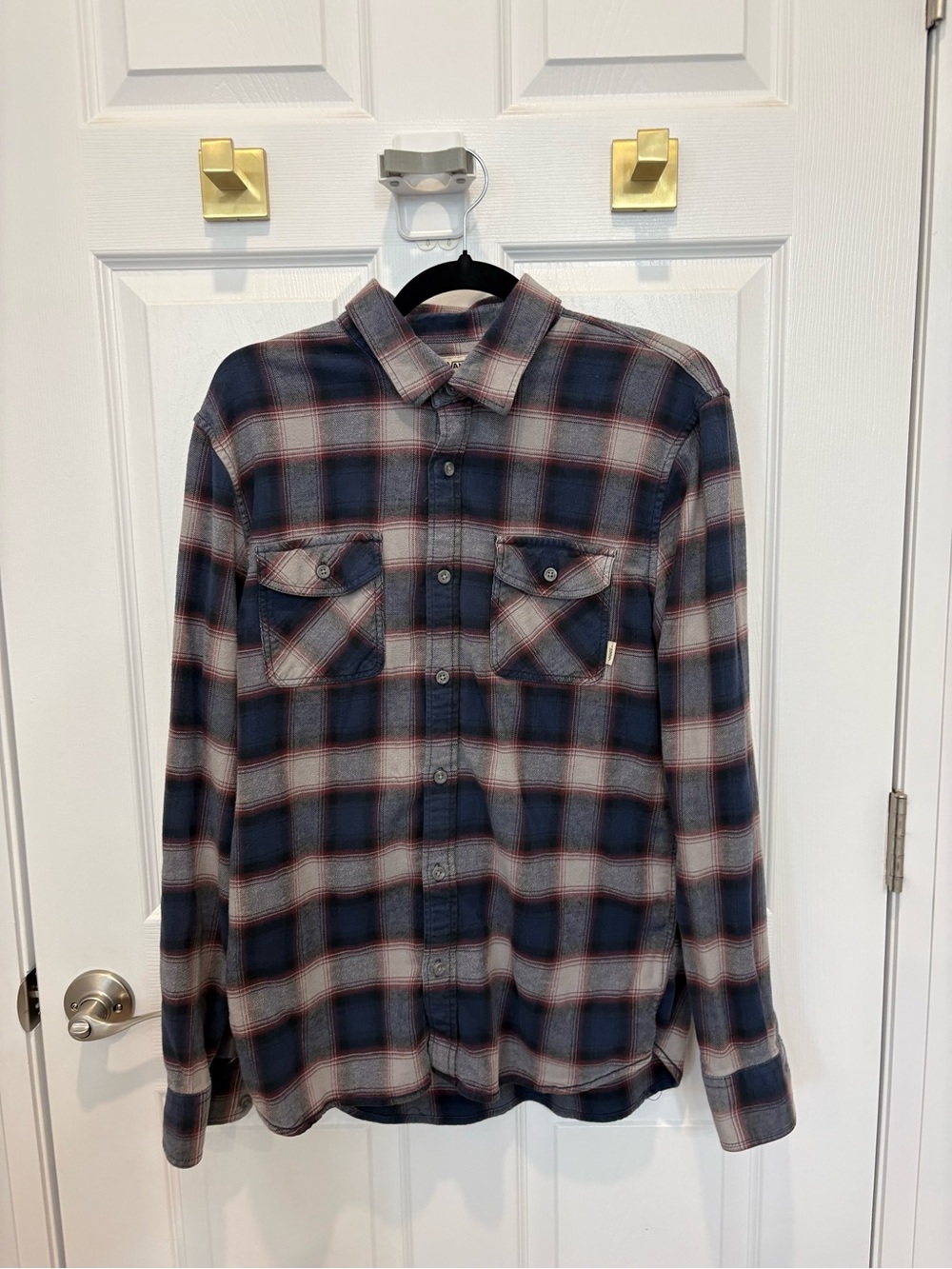 Vans Men's Navy, Gray and Red Plaid Button-Up Shirt #1432